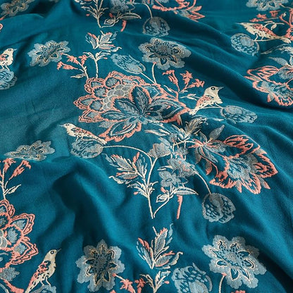 Boho Throw Blanket for Bed 90”x98”, 100% Cotton Woven Blanket for Couch Sofa, Ultra Soft 4-Layer Muslin Quilt with Floral Printed, Farmhouse Bed Blanket/Cover for Living Room Decor