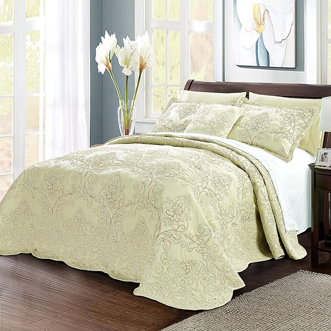 Home Soft Things Damask 4 Piece Bedspread Set, Scalloped Edge Quilt Coverlet Comforter Prewashed Bedding Set, Matelasse Embossed Floral Solid Pattern, Yellowish Green Oversize Queen(110" x 120")