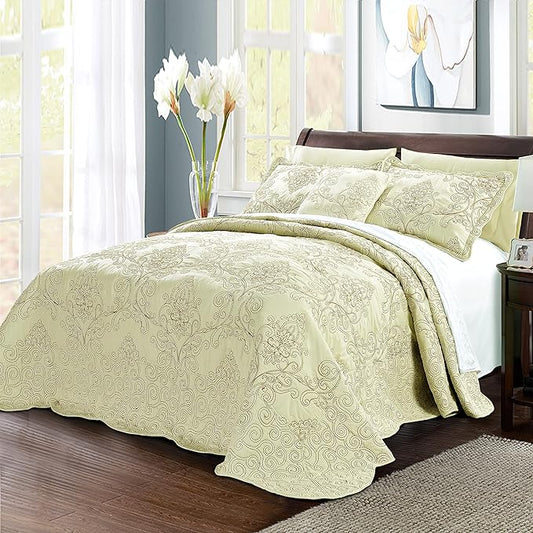 Home Soft Things Damask 4 Piece Bedspread Set, Scalloped Edge Quilt Coverlet Comforter Prewashed Bedding Set, Matelasse Embossed Floral Solid Pattern, Yellowish Green Oversize Queen(110" x 120")