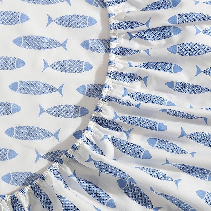 Nautica - Twin Sheets, Cotton Percale Bedding Set, Fully Elasticized, Ideal Dorm Essentials (Woodblock Fish Blue, Twin)