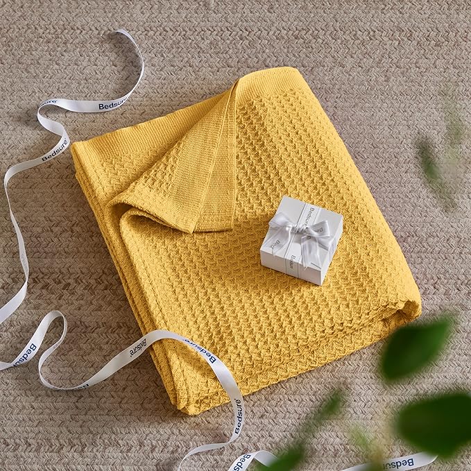 Bedsure Gentlesoft 100% Cotton Blanket King Size for Bed - Breathable and Soft for Spring Summer, Thick Cozy Waffle Weave Blanket Gifts for Women, Mustard Yellow, 104x90 inches
