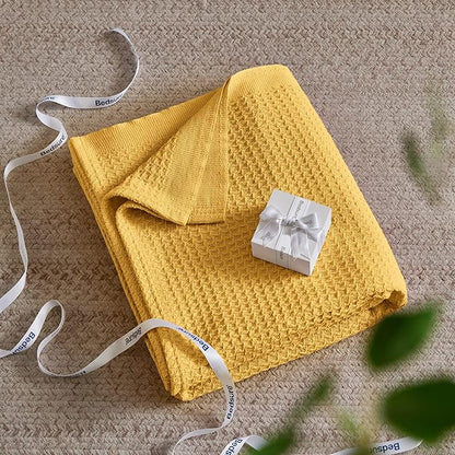 Bedsure Gentlesoft 100% Cotton Blanket King Size for Bed - Breathable and Soft for Spring Summer, Thick Cozy Waffle Weave Blanket Gifts for Women, Mustard Yellow, 104x90 inches