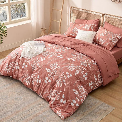 Bedsure Dusty Pink Twin Comforter Set - 5 Pieces Floral Bedding Sets, Twin Bed in a Bag with Reversible Botanical Flowers Comforter, Sheets, Pillowcase & Sham