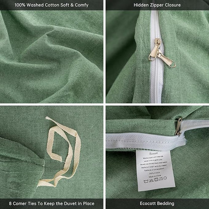ECOCOTT Sage Green Duvet Cover King Size, 3 Piece 100% Washed Cotton 1 Duvet Cover with Zipper and 2 Pillowcases, Ultra Soft and Easy Care Breathable Cozy Bedding Set(Sage Green, King)