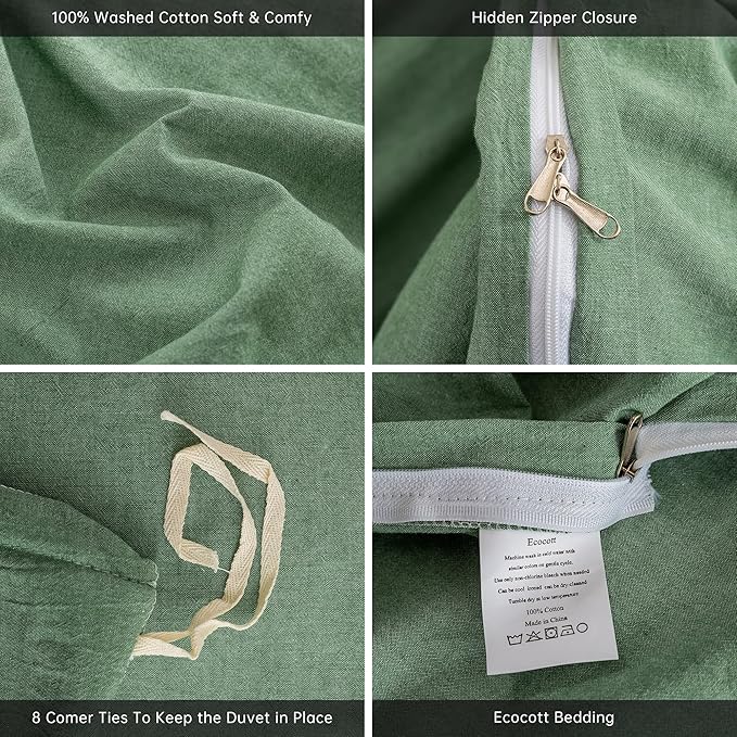 ECOCOTT Sage Green Duvet Cover California King Size, 100% Washed Cotton 3-Piece Bedding Set - Ultra Soft, Breathable & Easy Care with Zipper Closure and 2 Pillowcases