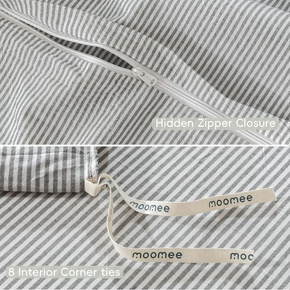 MooMee Striped Duvet Cover Set 100% Washed Cotton Linen Like Textured Breathable Durable Soft Comfy (Dark Grey White Pinstripes, King 104"x90")