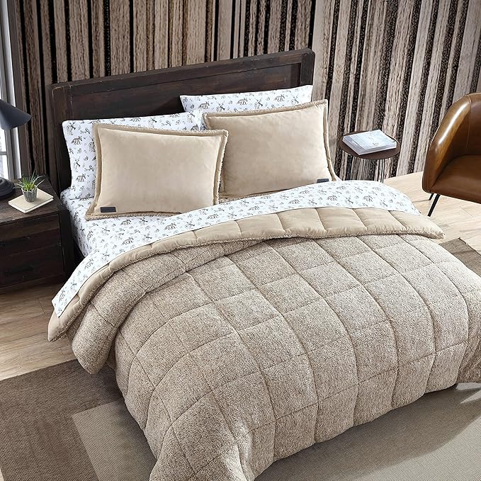 Eddie Bauer - Queen Comforter Set, Microsuede Bedding with Soft Sherpa Reverse, 3 Piece Bed Set with Matching Pillowcases (Sherwood Brown)