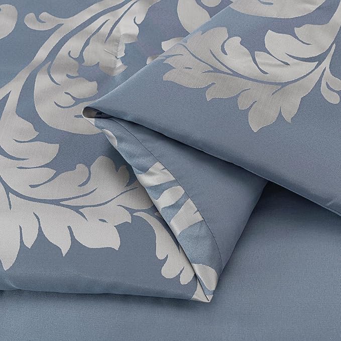 Chezmoi Collection Royale 7-Piece Jacquard Floral Comforter Set, King, Grayish Blue/Gray