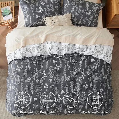 Bedsure Duvet Cover King Size - Reversible Dark Grey King Duvet Cover Set with Zipper Closure, 3 Pieces Floral Patterned Bedding Set with 8 Corner Ties and 2 Pillow Shams