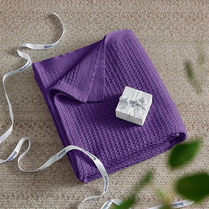 Bedsure Gentlesoft 100% Cotton Blanket King Size for Bed - Breathable and Soft for Spring Summer, Thick Cozy Waffle Weave Blanket Gifts for Women, Purple, 104x90 inches