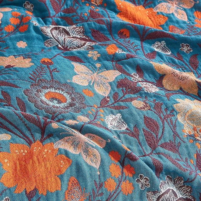 Boho Throw Blanket for Bed 80”x90”, 100% Cotton Woven Blanket for Couch Sofa, Ultra Soft 4-Layer Muslin Quilt with Floral Printed, Farmhouse Bed Blanket/Cover for Living Room Decor