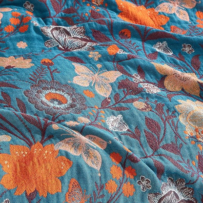 Boho Throw Blanket for Bed 80”x90”, 100% Cotton Woven Blanket for Couch Sofa, Ultra Soft 4-Layer Muslin Quilt with Floral Printed, Farmhouse Bed Blanket/Cover for Living Room Decor