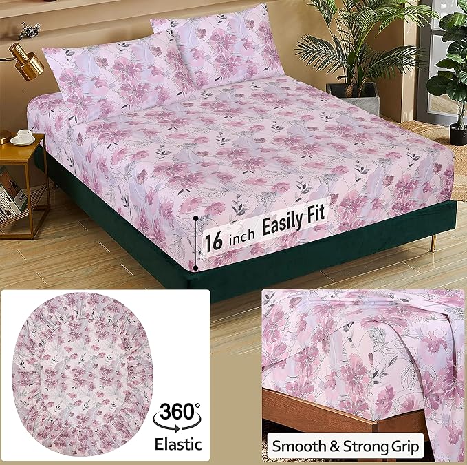 Ruvanti 100% Cotton Bed Sheets, 4 Pcs Bed Sets, Lilac Floral Print Full Size Sheets Set, Soft, Breathable, Deep Pocket Sheets, Cooling Bedding Sheets Set Include 1 Flat, 1 Fitted Sheet, 2 Pillowcases.