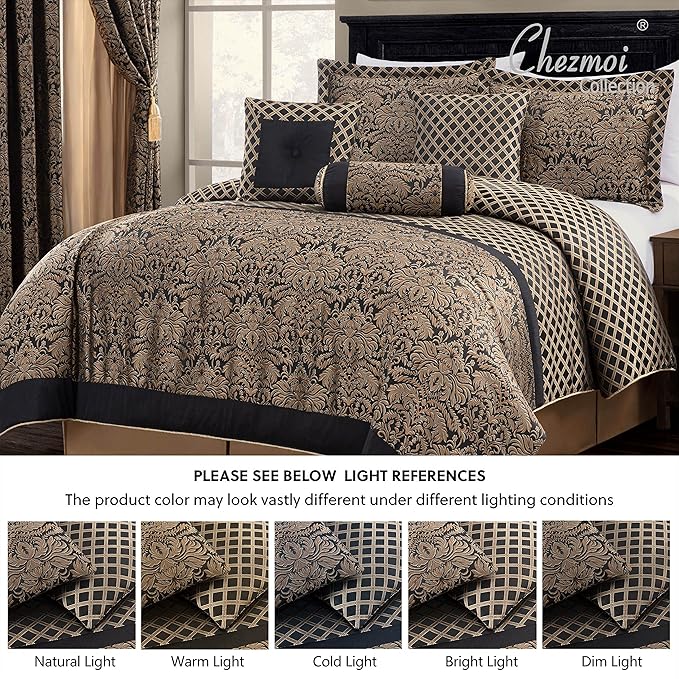 Chezmoi Collection 7-Piece Black/Gold Diamond Floral Medallion Jacquard Woven Comforter Set, Oversized King