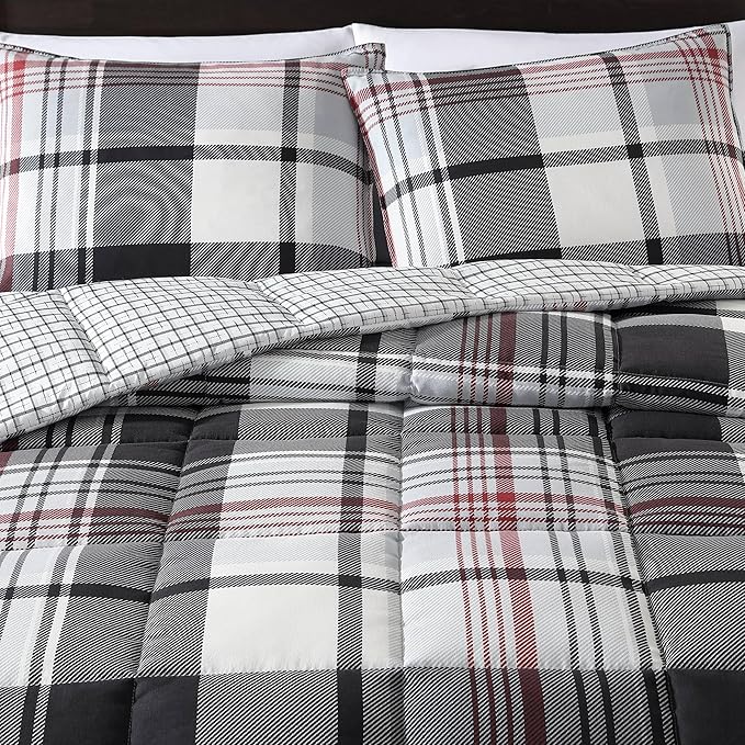 Eddie Bauer- King Comforter Set, Reversible Microsuede Bedding with Matching Sham(s), Casual Home Decor (Normandy Plaid Black, King)