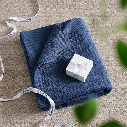 Bedsure Gentlesoft 100% Cotton Throw Blanket for Couch 50x70 inches - Cooling Breathable and Soft for Spring Summer, Waffle Weave Throw Blanket for Office, Navy