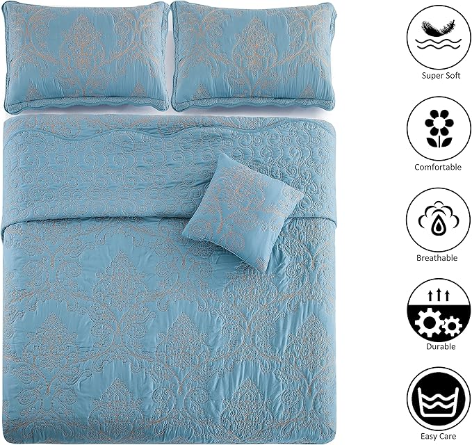Home Soft Things Damask 4 Piece Bedspread Set, Scalloped Edge Reversible Coverlet Comforter Prewashed Bedding Set, Matelasse Embossed Floral Solid Pattern,Forget Me Not Oversize Queen(110" x 120")