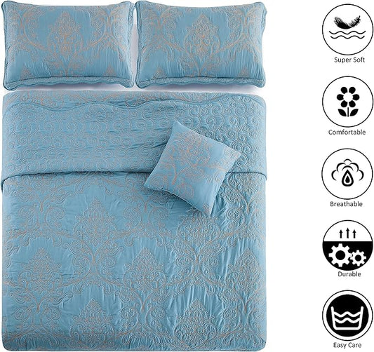 Home Soft Things Damask 4 Piece Bedspread Set, Scalloped Edge Reversible Coverlet Comforter Prewashed Bedding Set, Matelasse Embossed Floral Solid Pattern,Forget Me Not Oversize Queen(110" x 120")