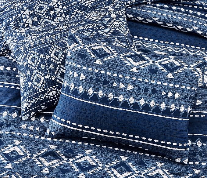 Geniospin Full Comforter Set - 7 Pieces Comforters Full Size, Fluffy Boho Bedding Sets for All Seasons, Bed in a Bag with Flat Sheet and Fitted Sheet, Pillowcase & Sham (Blue, 80''x90'')