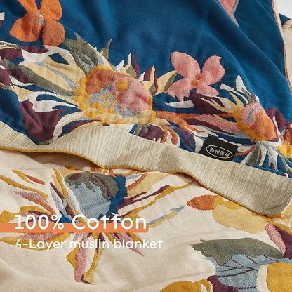 Boho Throw Blanket for Bed 80”x90”, 100% Cotton Woven Blanket for Couch Sofa, Ultra Soft 4-Layer Muslin Quilt with Vintage Floral Printed, Farmhouse Bed Blanket/Cover for Living Room Decor