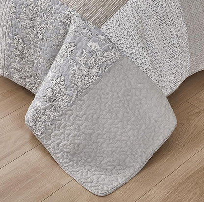 Chezmoi Collection Quinn 2-Piece Neutral Taupe Gray White Floral Hibiscus Flower Candy Stripe Patchwork Quilt Set - Pre-Washed Cotton Coverlet - Lightweight Reversible Bedspread, Twin Size