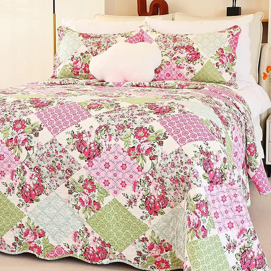 Cmfshape Summer Floral Queen Quilted Bedspread,Romantic Pink Quilt Set Bedding,Reversible Stitched Bedding Set All Season,Soft Lightweight Coverlet with Pillow Cases (Pink&Green, Queen90 x90)