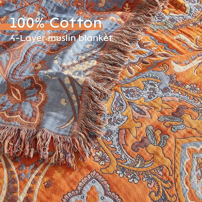 Boho Throw Blanket for Bed 90”x98”, 100% Cotton Woven Blanket for Couch Sofa, Ultra Soft 4-Layer Muslin Quilt with Floral Printed, Farmhouse Bed Blanket/Cover for Living Room Decor