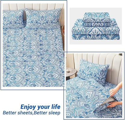 Softan Blue Paisley Printed Bed Sheets Full Size, Floral Sheet Set Full, Brushed Microfiber Patterned Fitted Sheet with 15" Deep Pocket & Non-Slip Straps, Blue Flower Sheets & Pillowcase Set