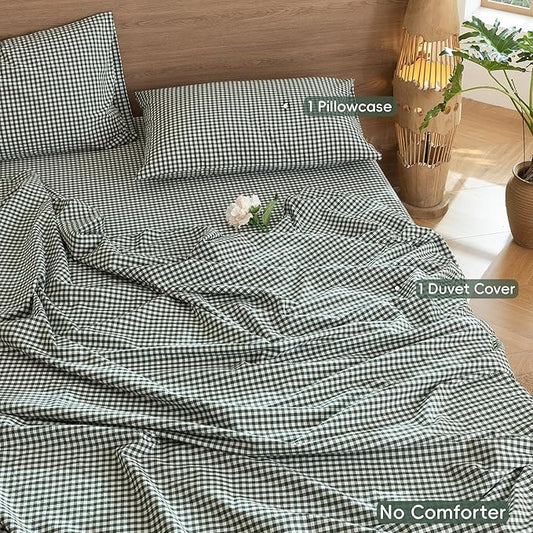 MooMee Gingham Duvet Cover Set 100% Washed Cotton Linen Like Textured Breathable Durable Soft Comfy Modern Checkered Design (Mini Gingham Forest Green, Twin 68"x90")