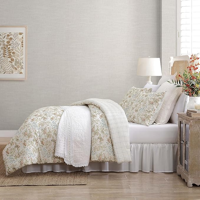 Laura Ashley - King Comforter Set, Reversible Cotton Bedding with Matching Shams, Floral Home Decor with Plaid Reverse (Bramble Floral Beige, King)