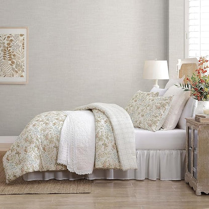 Laura Ashley - Queen Comforter Set, Reversible Cotton Bedding with Matching Shams, Floral Home Decor with Plaid Reverse (Bramble Floral Beige, Queen)