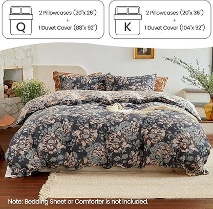 BISELINA 100% Cotton Muslin Duvet Cover Set Queen, 3 Pcs Yarn-Dyed Jacquard Textured Garden Flower, Soft and Breathable Bedding Set with Zipper Closure, Dark Blue Khaki