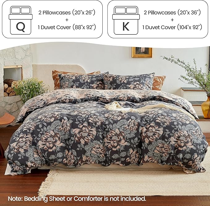 BISELINA 100% Cotton Muslin Duvet Cover Set King, 3 Pcs Yarn-Dyed Jacquard Textured Garden Flower, Soft and Breathable Bedding Set with Zipper Closure, Dark Blue Khaki