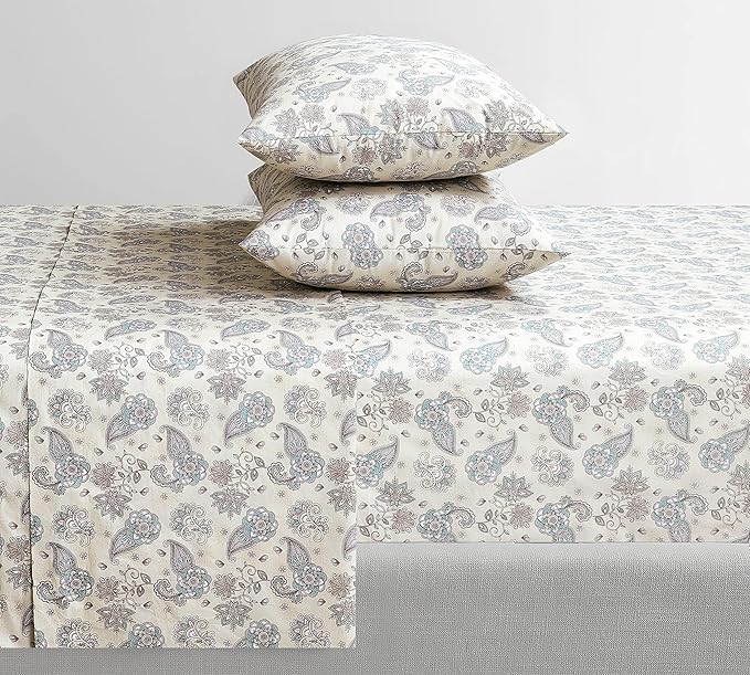 Feather & Stitch Softest 100% Cotton Sheets, 300 Thread Count Percale Weave Bedding, 16" Deep Pocket, Cooling Sheets, Breathable Bed Set, Hotel Premium Quality (Twin, Beige Paisley)