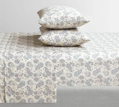 Feather & Stitch Softest 100% Cotton Sheets, 300 Thread Count Percale Weave Bedding, 16" Deep Pocket, Cooling Sheets, Breathable Bed Set, Hotel Premium Quality (Queen, Beige Paisley)