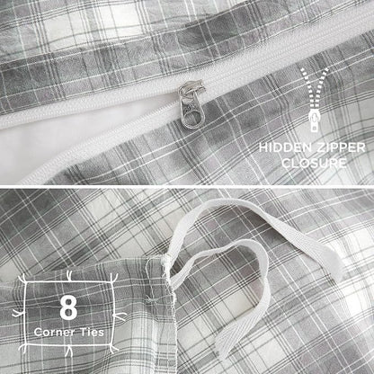 TOCOMOA Plaid Duvet Cover Set 100% Washed Cotton Like Linen Feel Super Soft Comfy 3 Piece Grey and Green Gingham Checkered Bedding Comforter Cover Set (Queen 90"x90", Comforter Not Included)