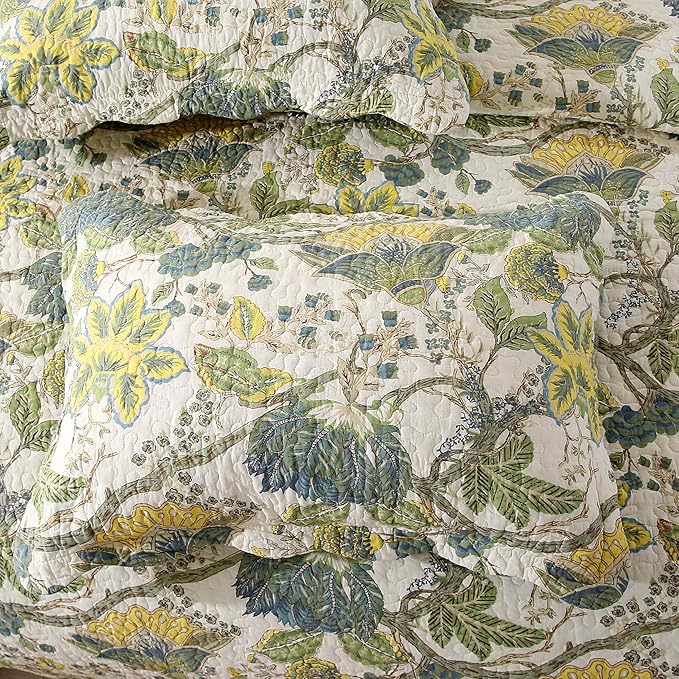 DURLENGEN Forest 100% Cotton King Quilt 3Pcs,Bohemian Reversible Leaves & Flowers Pattern on White, Luxury Lightweight Coverlet Sets for All Season(King 106x96,Forest)