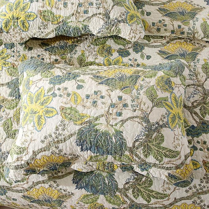DURLENGEN Forest 100% Cotton King Quilt 3Pcs,Bohemian Reversible Leaves & Flowers Pattern on White, Luxury Lightweight Coverlet Sets for All Season(King 106x96,Forest)
