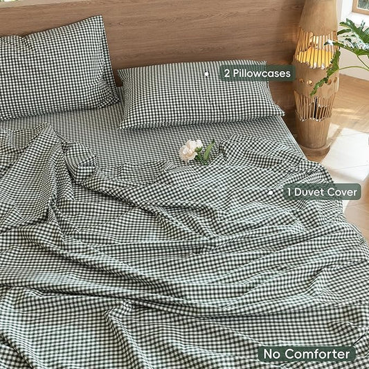 MooMee Gingham Duvet Cover Set 100% Washed Cotton Linen Like Textured Breathable Durable Soft Comfy Modern Checkered Design (Mini Gingham Forest Green, Full 80"x90")