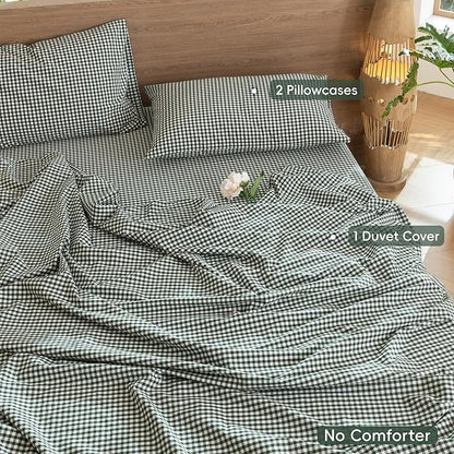 MooMee Gingham Duvet Cover Set 100% Washed Cotton Linen Like Textured Breathable Durable Soft Comfy Modern Checkered Design (Mini Gingham Forest Green, Queen 90"x90")