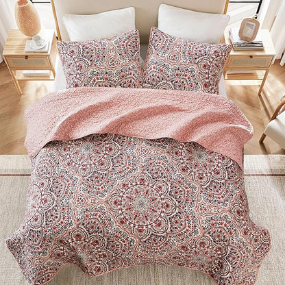 Comfort Spaces Valerie Boho Quilt Set King Pink - Soft Lightweight Bedding with Watercolor Medallion Design, Reversible All Season Quilt for Master Bedroom or Guest Room