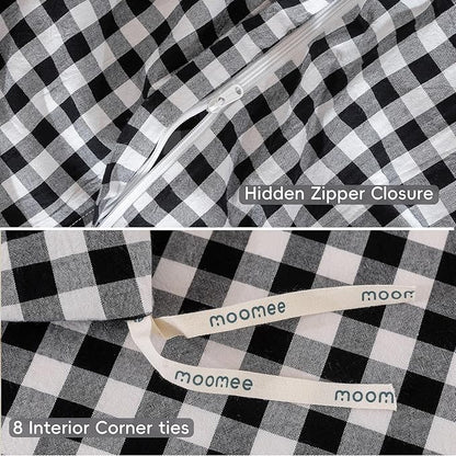 MooMee Gingham Duvet Cover Set 100% Washed Cotton Linen Like Textured Breathable Durable Soft Comfy Modern Checkered Design (Black White Gingham, Full 80"x90")