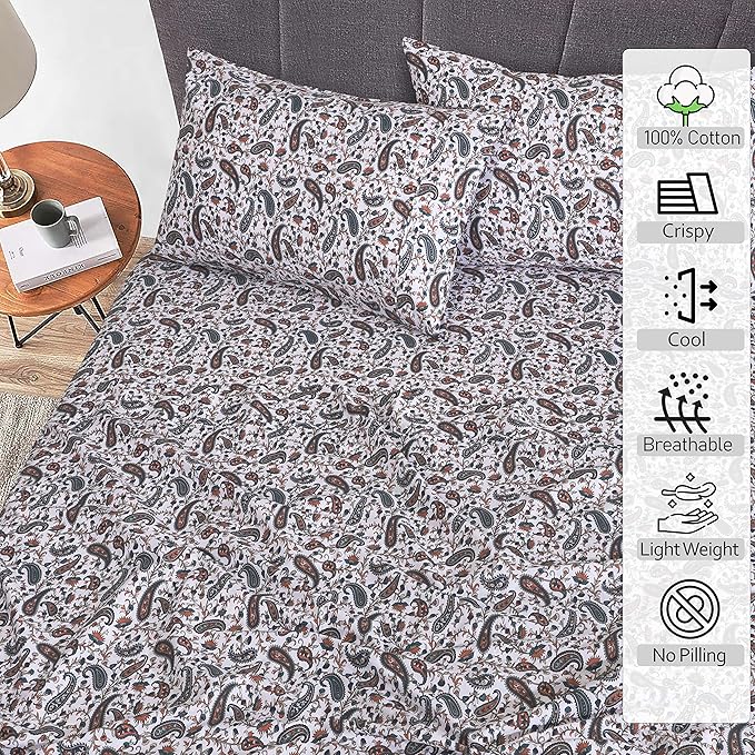 RUVANTI 100% Cotton Sheets – Split King Size Percale Bedding, Cooling & Breathable Floral Design, Durable with a Crisp, Soft & Comfortable Feel, 16" Deep Pocket, 5-Piece Set, Teal Paisley
