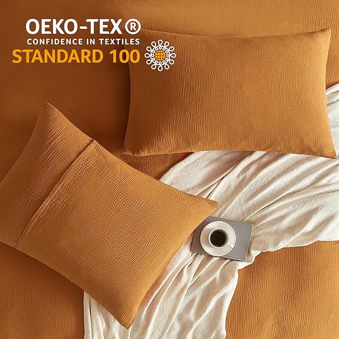 SE SOFTEXLY Muslin Duvet Cover Queen Size, 100% Washed Cotton Duvet Cover Set, Ultra Soft Comforter Cover Linen Like, 3 Pieces Minimalist Gauze Duvet Cover with 2 Pillowcases, 90"x90", Pumpkin