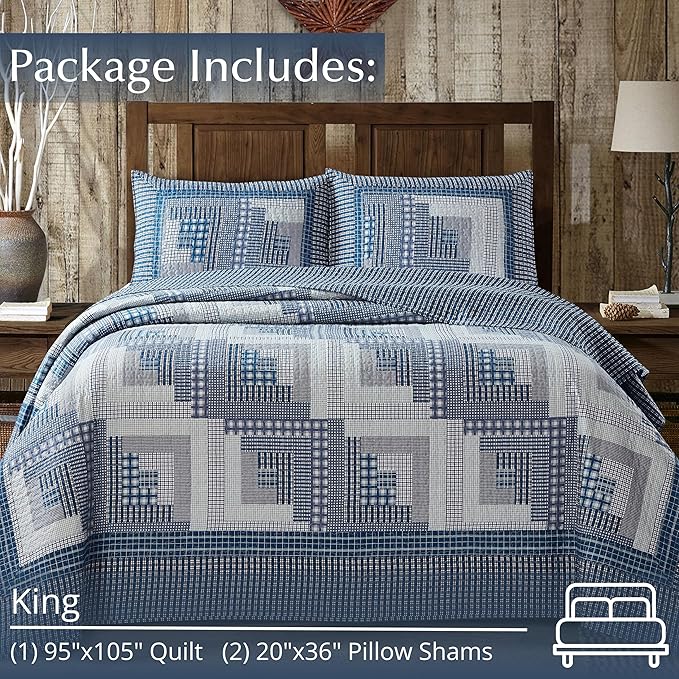 Virah Bella 3 Piece King Cabin Quilt Bedding Set - Montana Cabin: Blue/Gray - Rustic Country Reversible Patchwork Comforter Set with Decorative Pillow Shams, Blue/Gray