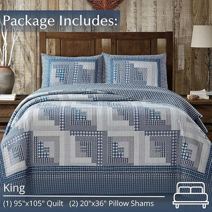 Virah Bella 3 Piece King Cabin Quilt Bedding Set - Montana Cabin: Blue/Gray - Rustic Country Reversible Patchwork Comforter Set with Decorative Pillow Shams, Blue/Gray