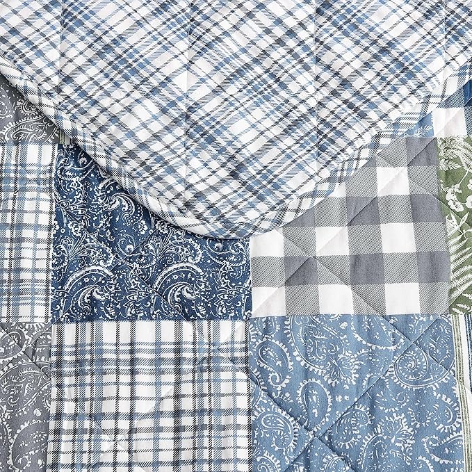 Eddie Bauer - Queen Quilt Set, Reversible Cotton Bedding with Matching Shams, Patchwork Luxurious Bedding Set with Plaid Reverse (Cozy Plaid Patchwork Blue/Green, Queen)