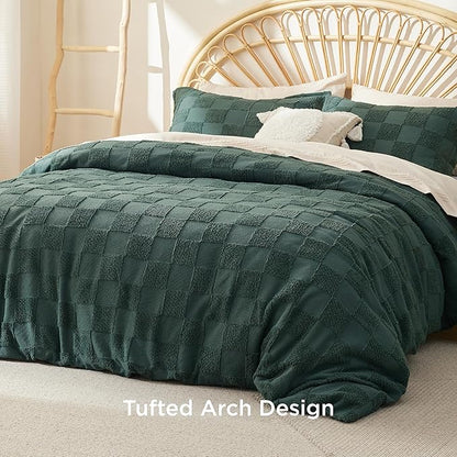Bedsure Boho Kids Duvet Cover King Size（Duvet Insert/Comforter not Included - Checkered King Duvet Cover for All Seasons, Soft Shabby Chic Boho Bedding (Green, 104" x 90")