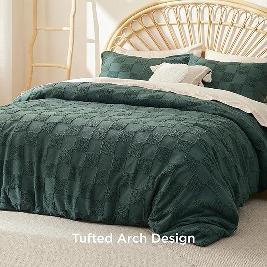 Bedsure Boho Kids Duvet Cover King Size（Duvet Insert/Comforter not Included - Checkered King Duvet Cover for All Seasons, Soft Shabby Chic Boho Bedding (Green, 104" x 90")
