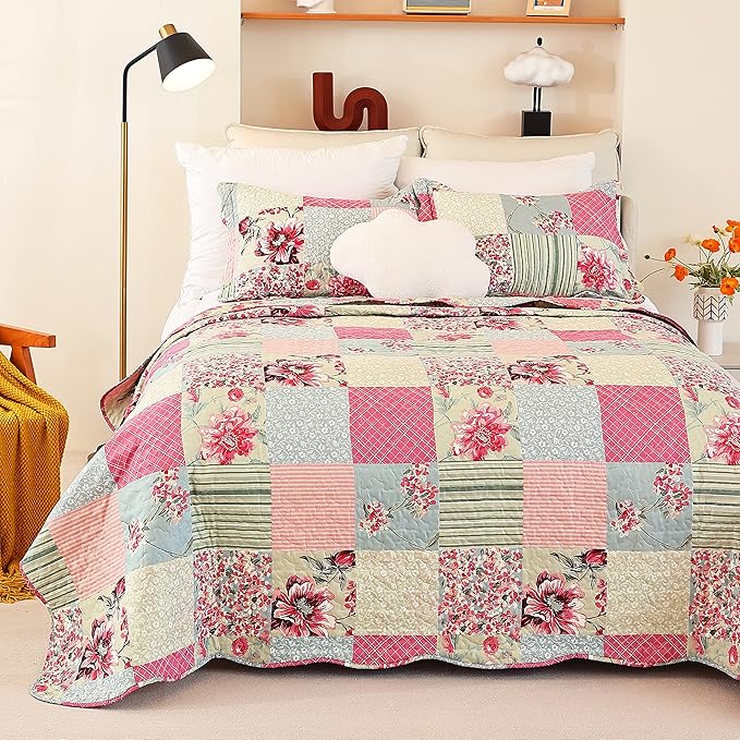 Cmfshape Summer Floral Queen Quilted Bedspread,Romantic Pink Quilt Set,Reversible Stitched Bedding Set All Season,Soft Lightweight Coverlet with Pillow Cases (Pink&Grey, Queen90 x90)
